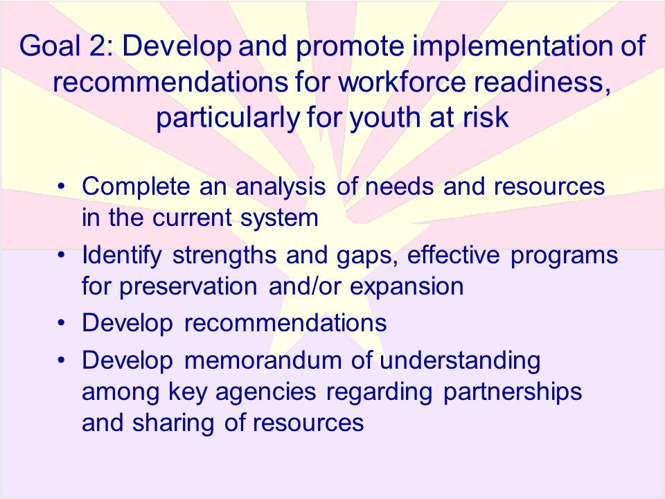 Goal 2: Develop and promote implementation of recommendations for workforce readiness, particularly for youth at risk Complete an analysis of needs and resources in the current system Identify strengths and gaps, effective programs for preservation and/or expansion Develop recommendations Develop memorandum of understanding among key agencies regarding partnerships and sharing of resources