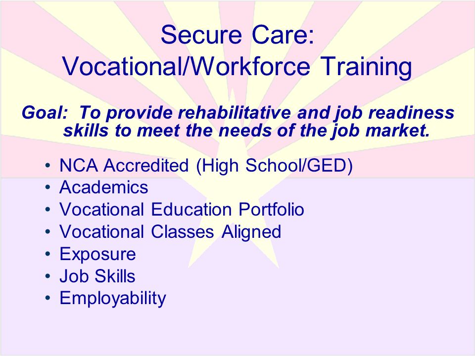 Secure Care: Vocational/Workforce Training Goal: To provide rehabilitative and job readiness skills to meet the needs of the job market.