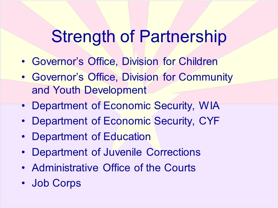 Strength of Partnership Governor’s Office, Division for Children Governor’s Office, Division for Community and Youth Development Department of Economic Security, WIA Department of Economic Security, CYF Department of Education Department of Juvenile Corrections Administrative Office of the Courts Job Corps