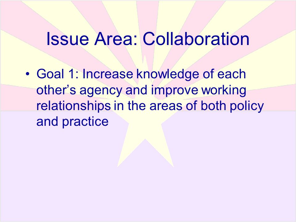 Issue Area: Collaboration Goal 1: Increase knowledge of each other’s agency and improve working relationships in the areas of both policy and practice
