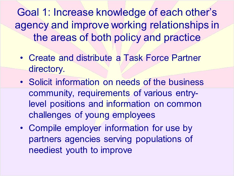Goal 1: Increase knowledge of each other’s agency and improve working relationships in the areas of both policy and practice Create and distribute a Task Force Partner directory.