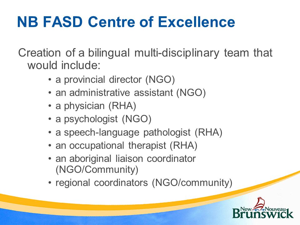 NB FASD Centre of Excellence Creation of a bilingual multi-disciplinary team that would include: a provincial director (NGO) an administrative assistant (NGO) a physician (RHA) a psychologist (NGO) a speech-language pathologist (RHA) an occupational therapist (RHA) an aboriginal liaison coordinator (NGO/Community) regional coordinators (NGO/community)