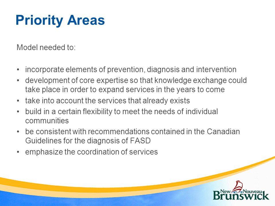 Priority Areas Model needed to: incorporate elements of prevention, diagnosis and intervention development of core expertise so that knowledge exchange could take place in order to expand services in the years to come take into account the services that already exists build in a certain flexibility to meet the needs of individual communities be consistent with recommendations contained in the Canadian Guidelines for the diagnosis of FASD emphasize the coordination of services