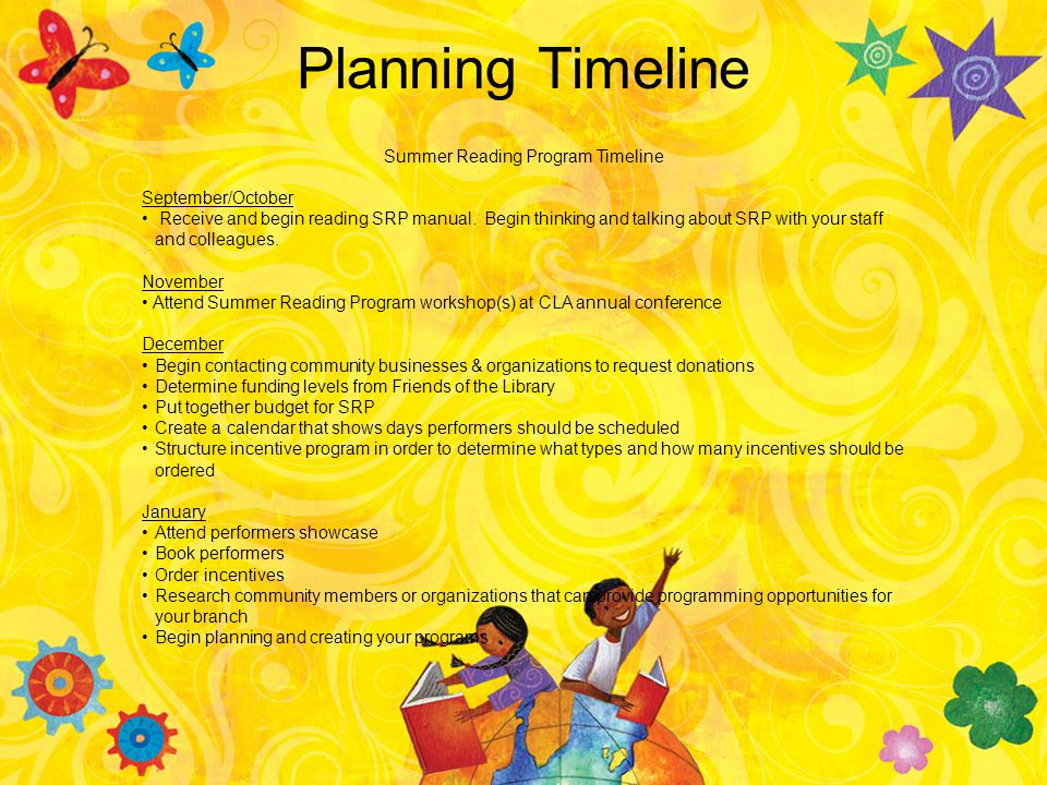 Planning Timeline Summer Reading Program Timeline September/October Receive and begin reading SRP manual.