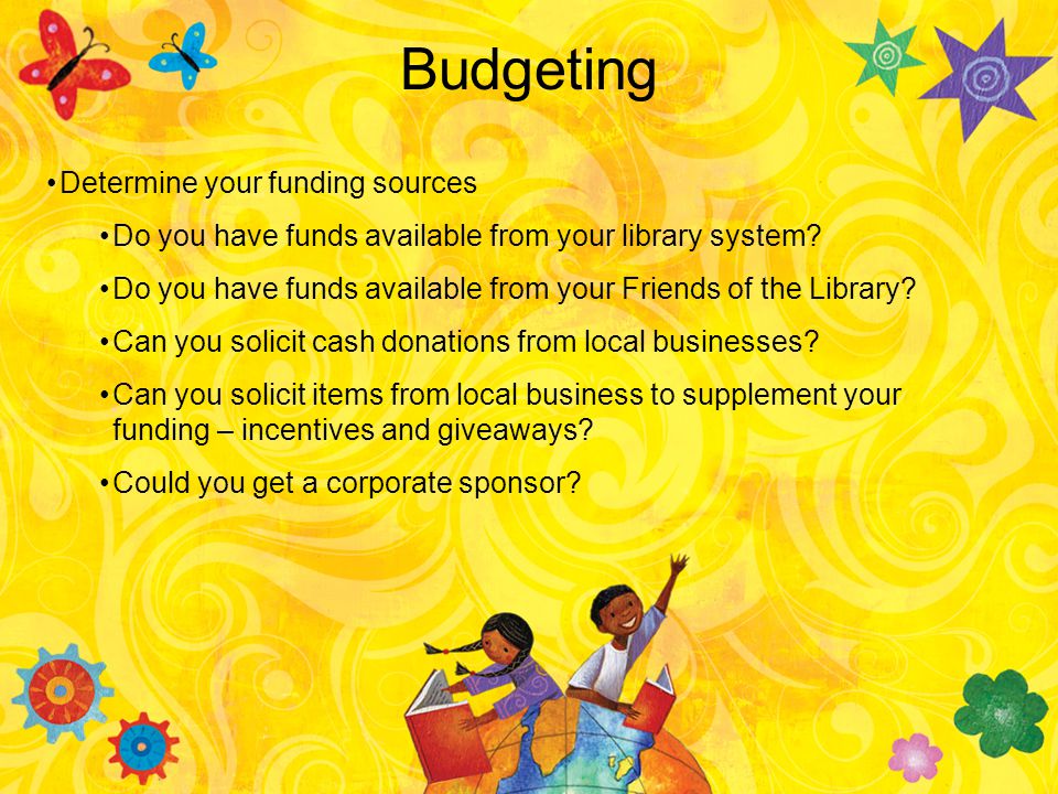 Budgeting Determine your funding sources Do you have funds available from your library system.