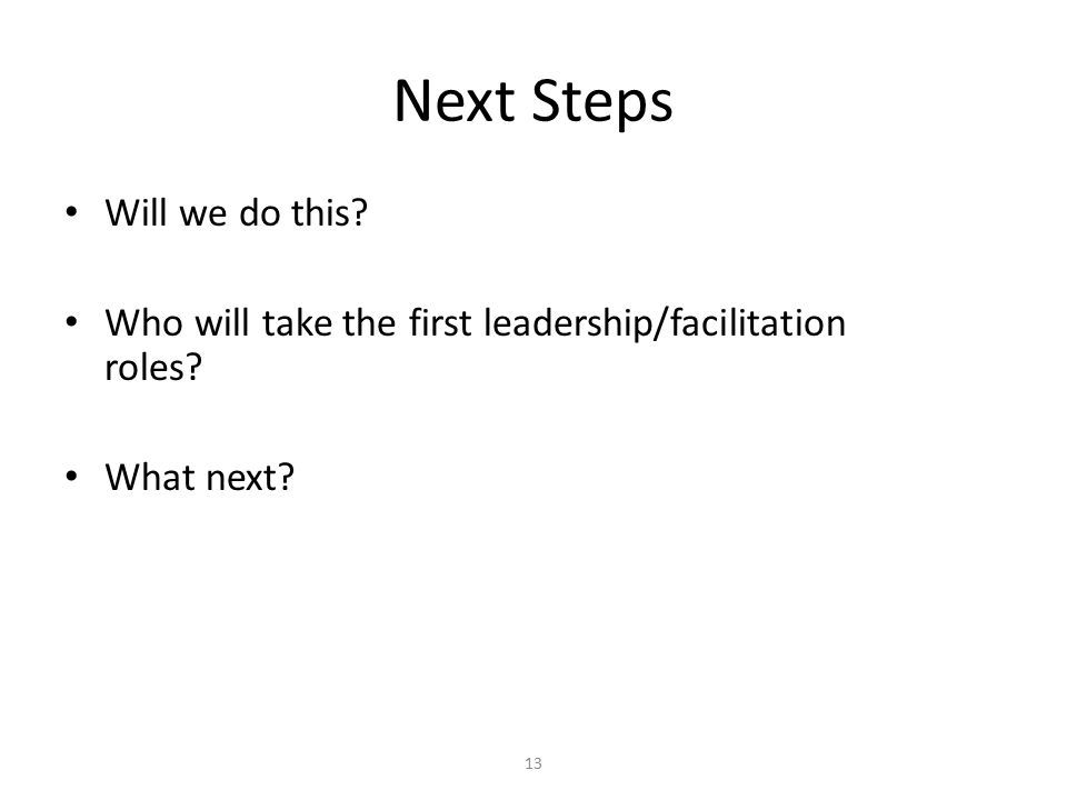 Next Steps Will we do this Who will take the first leadership/facilitation roles What next 13