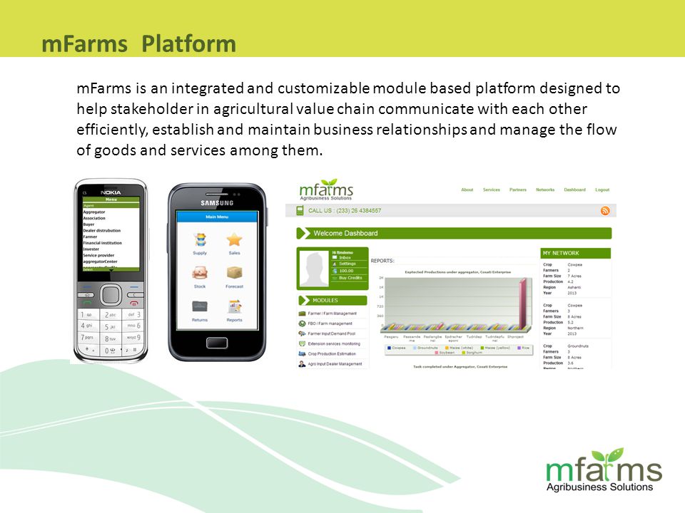 mFarms is an integrated and customizable module based platform designed to help stakeholder in agricultural value chain communicate with each other efficiently, establish and maintain business relationships and manage the flow of goods and services among them.