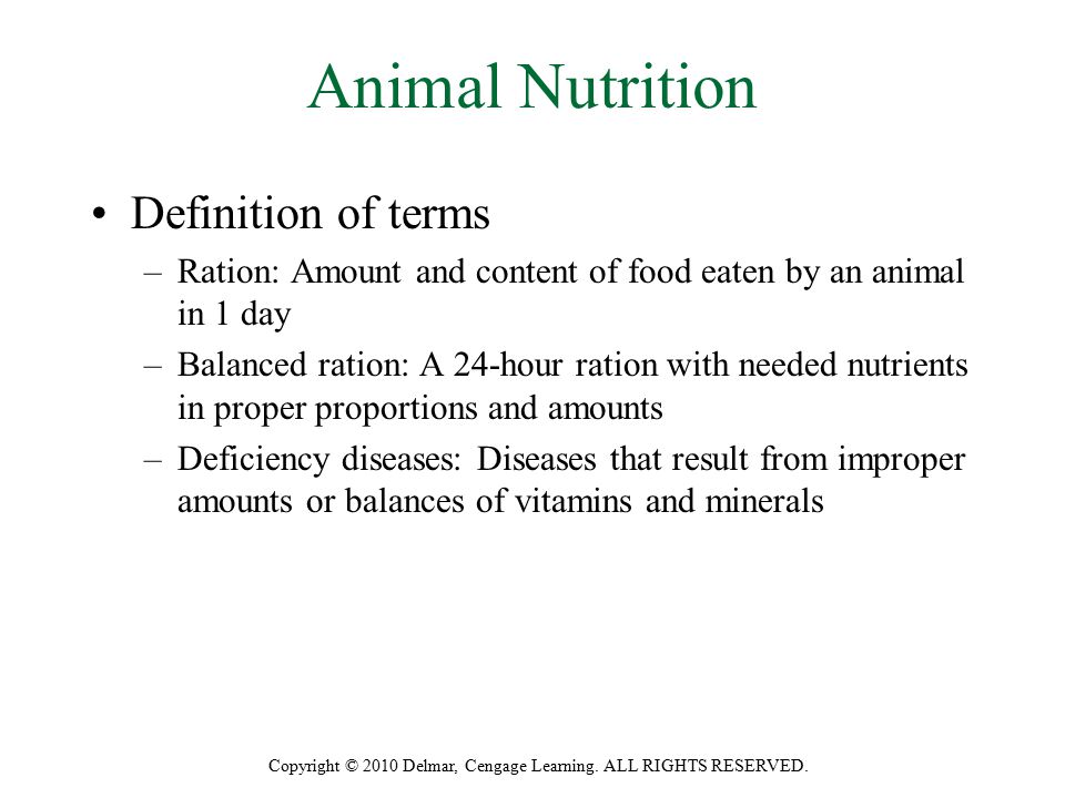 Copyright © 2010 Delmar, Cengage Learning. ALL RIGHTS RESERVED. Unit 26  Animal Anatomy, Physiology, and Nutrition Determine the nutritional  requirements. - ppt download