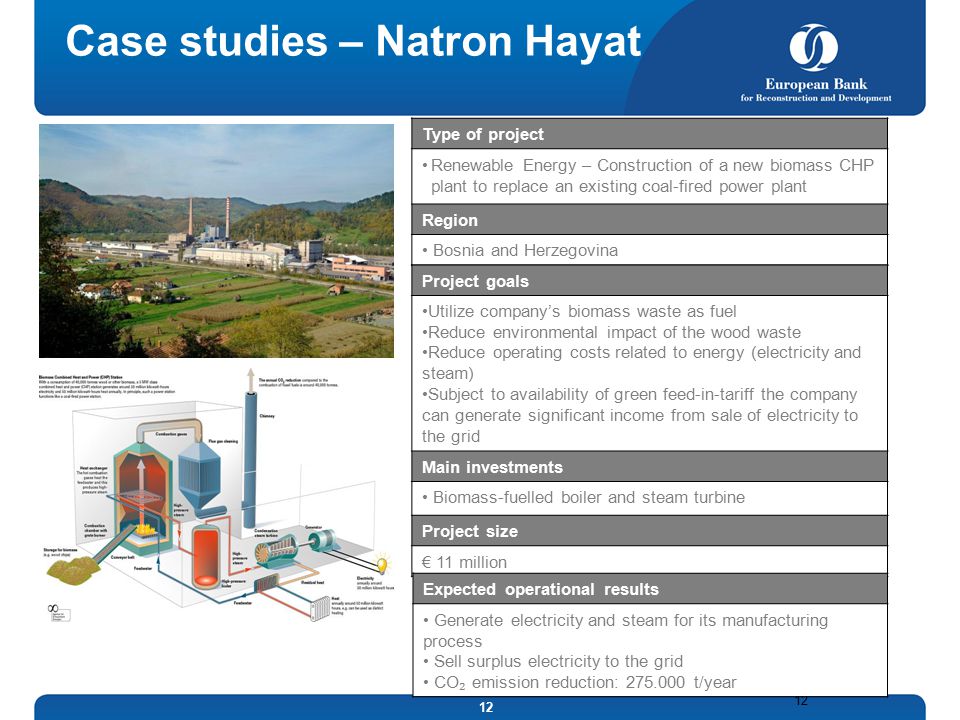 12 Case studies – Natron Hayat 12 Type of project Renewable Energy – Construction of a new biomass CHP plant to replace an existing coal-fired power plant Region Bosnia and Herzegovina Project goals Utilize company’s biomass waste as fuel Reduce environmental impact of the wood waste Reduce operating costs related to energy (electricity and steam) Subject to availability of green feed-in-tariff the company can generate significant income from sale of electricity to the grid Main investments Biomass-fuelled boiler and steam turbine Project size € 11 million Expected operational results Generate electricity and steam for its manufacturing process Sell surplus electricity to the grid CO ₂ emission reduction: t/year