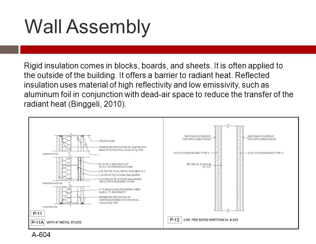 Wall Assembly A-604 Rigid insulation comes in blocks, boards, and sheets.