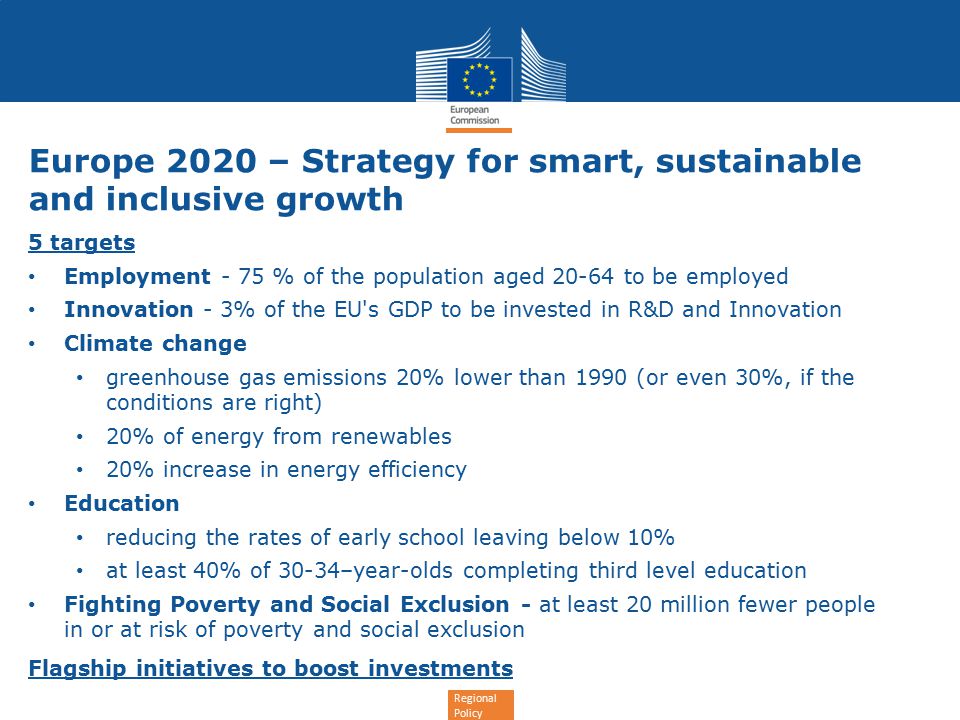 Regional Policy Europe 2020 – Strategy for smart, sustainable and inclusive growth 5 targets Employment - 75 % of the population aged to be employed Innovation - 3% of the EU s GDP to be invested in R&D and Innovation Climate change greenhouse gas emissions 20% lower than 1990 (or even 30%, if the conditions are right) 20% of energy from renewables 20% increase in energy efficiency Education reducing the rates of early school leaving below 10% at least 40% of 30-34–year-olds completing third level education Fighting Poverty and Social Exclusion - at least 20 million fewer people in or at risk of poverty and social exclusion Flagship initiatives to boost investments