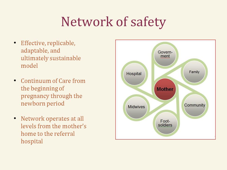Network of safety Effective, replicable, adaptable, and ultimately sustainable model Continuum of Care from the beginning of pregnancy through the newborn period Network operates at all levels from the mother’s home to the referral hospital