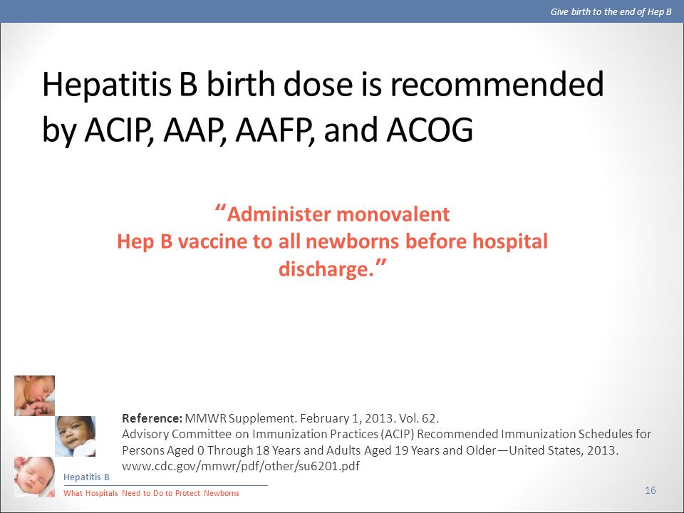 Give birth to the end of Hep B Hepatitis B What Hospitals Need to Do to Protect Newborns Hepatitis B birth dose is recommended by ACIP, AAP, AAFP, and ACOG 16 Administer monovalent Hep B vaccine to all newborns before hospital discharge. Reference: MMWR Supplement.