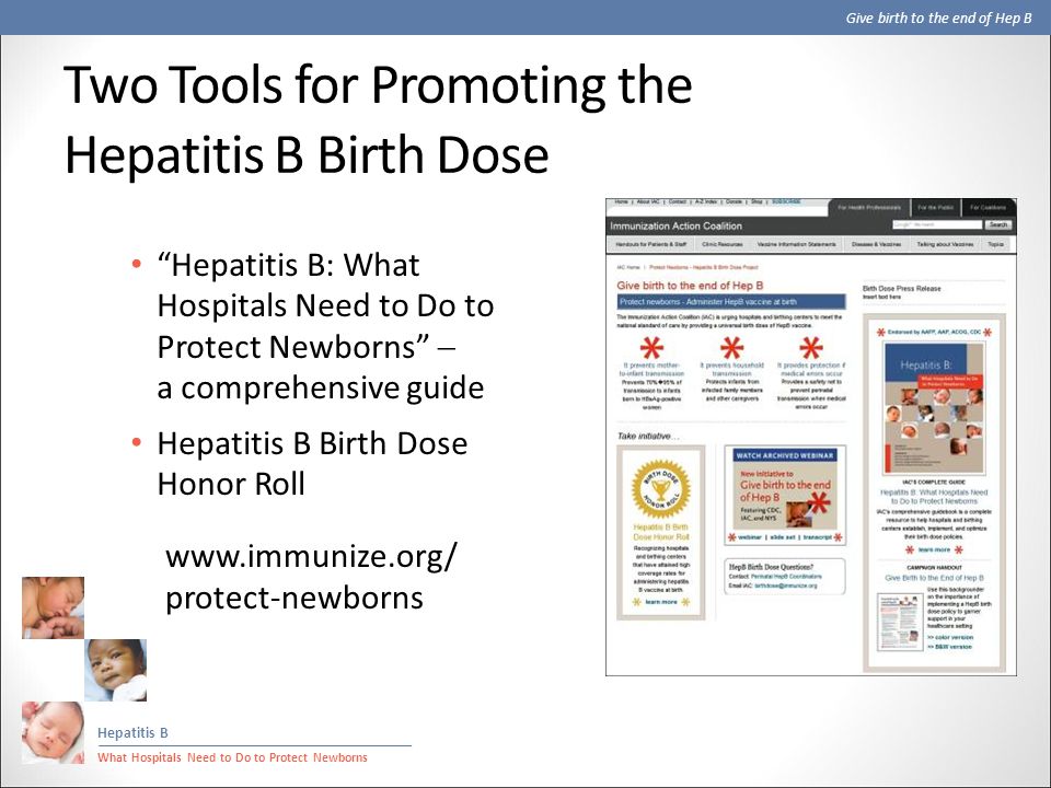 Hepatitis B What Hospitals Need to Do to Protect Newborns Hepatitis B: What Hospitals Need to Do to Protect Newborns  a comprehensive guide Hepatitis B Birth Dose Honor Roll Two Tools for Promoting the Hepatitis B Birth Dose   protect-newborns