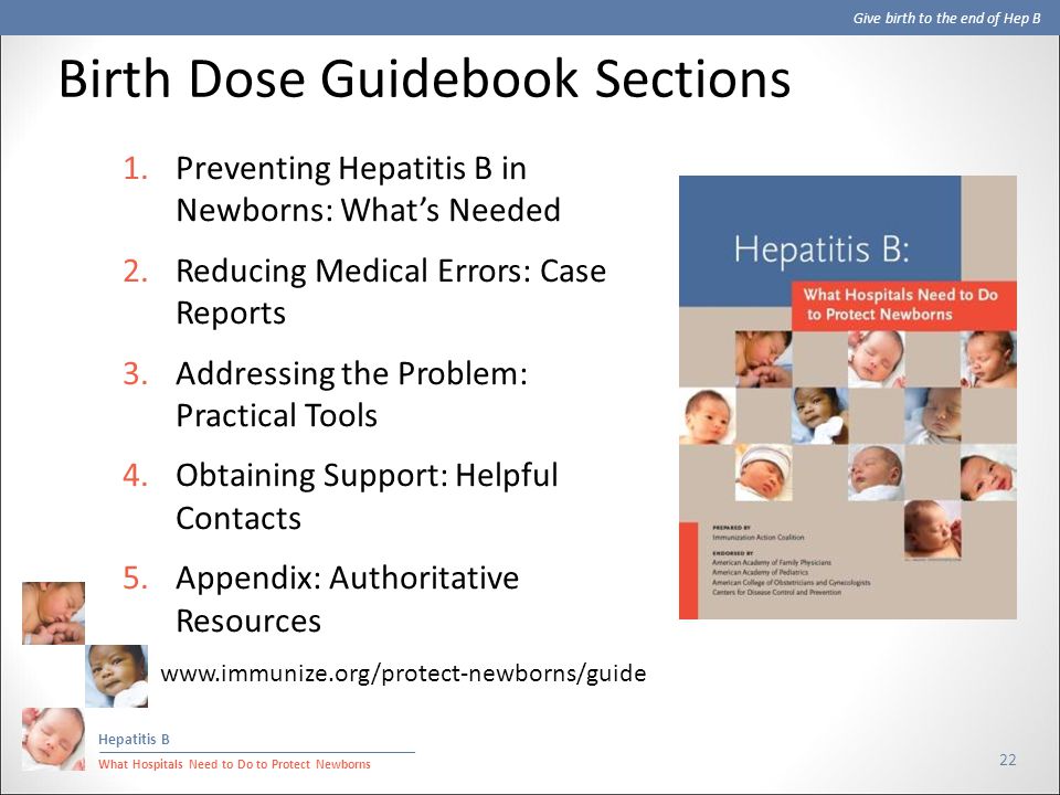 Give birth to the end of Hep B Hepatitis B What Hospitals Need to Do to Protect Newborns 22 1.Preventing Hepatitis B in Newborns: What’s Needed 2.Reducing Medical Errors: Case Reports 3.Addressing the Problem: Practical Tools 4.Obtaining Support: Helpful Contacts 5.Appendix: Authoritative Resources Birth Dose Guidebook Sections