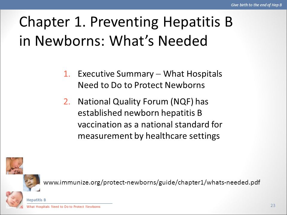 Give birth to the end of Hep B Hepatitis B What Hospitals Need to Do to Protect Newborns 23 1.Executive Summary  What Hospitals Need to Do to Protect Newborns 2.National Quality Forum (NQF) has established newborn hepatitis B vaccination as a national standard for measurement by healthcare settings Chapter 1.
