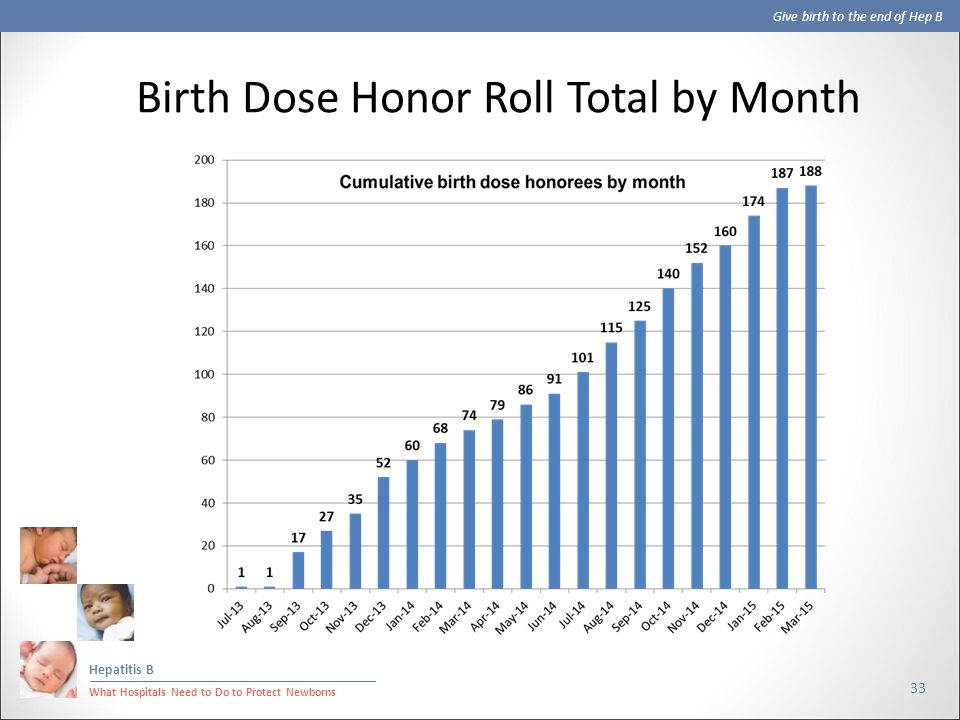 Give birth to the end of Hep B Hepatitis B What Hospitals Need to Do to Protect Newborns 33 Birth Dose Honor Roll Total by Month