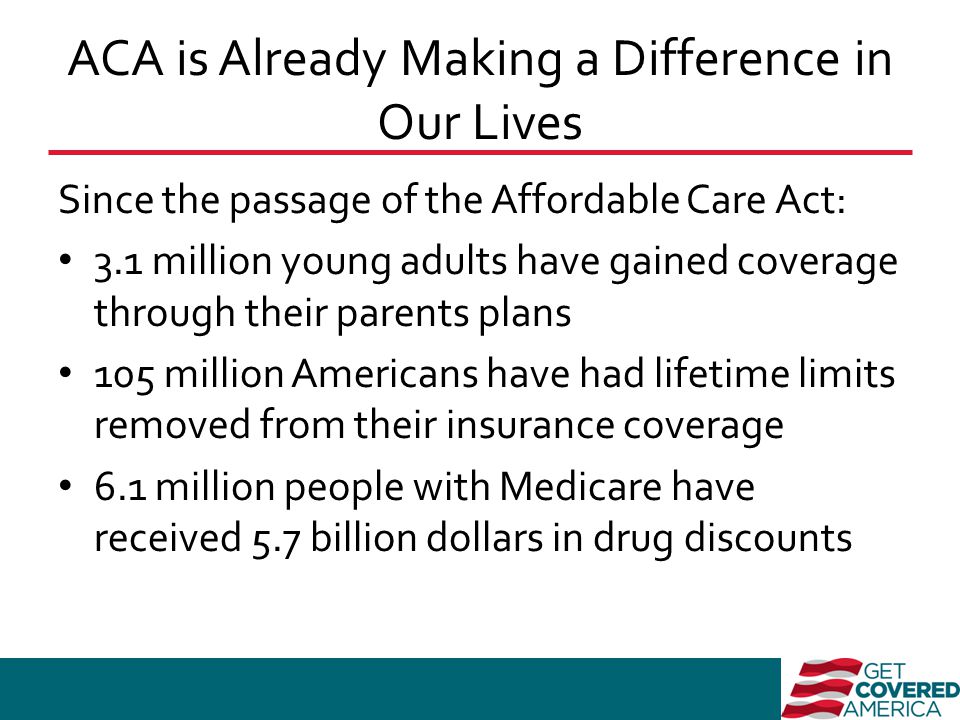 ACA is Already Making a Difference in Our Lives Since the passage of the Affordable Care Act: 3.1 million young adults have gained coverage through their parents plans 105 million Americans have had lifetime limits removed from their insurance coverage 6.1 million people with Medicare have received 5.7 billion dollars in drug discounts
