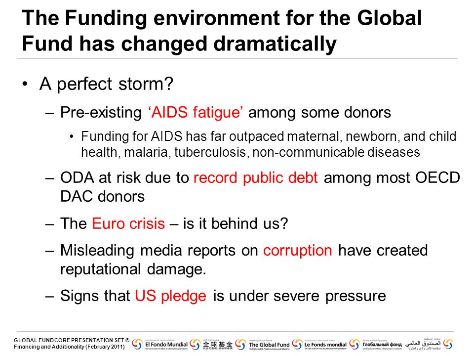 GLOBAL FUND CORE PRESENTATION SET © Financing and Additionality (February 2011) The Funding environment for the Global Fund has changed dramatically A perfect storm.