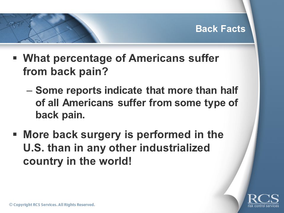 Back Facts  What percentage of Americans suffer from back pain.