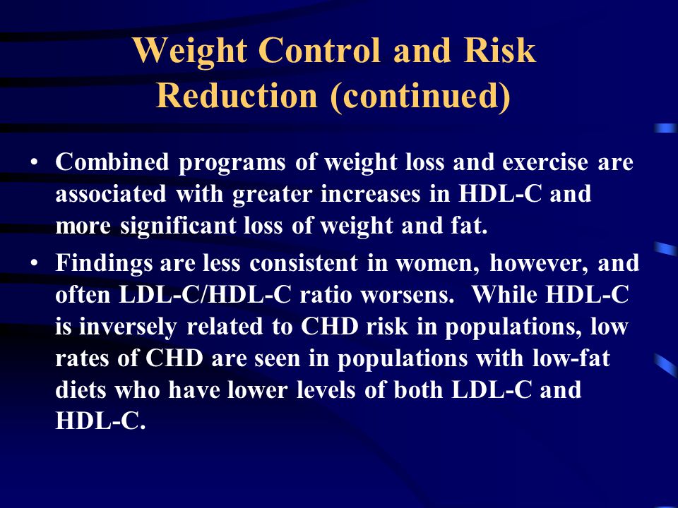 Weight Control and Risk Reduction (continued) Combined programs of weight loss and exercise are associated with greater increases in HDL-C and more significant loss of weight and fat.