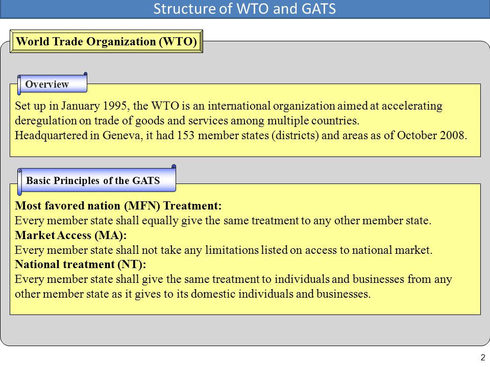 2 World Trade Organization (WTO) Most favored nation (MFN) Treatment: Every member state shall equally give the same treatment to any other member state.