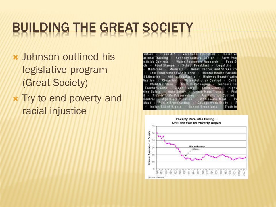  Johnson outlined his legislative program (Great Society)  Try to end poverty and racial injustice