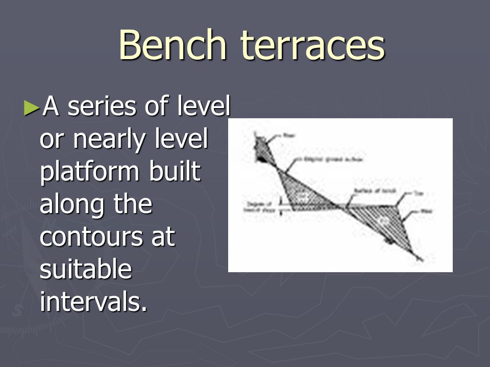 Bench terraces Bench terraces ► A series of level or nearly level platform built along the contours at suitable intervals.
