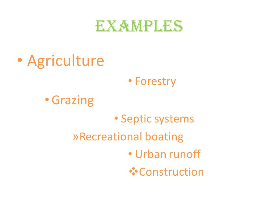 Examples Agriculture Forestry Grazing Septic systems » Recreational boating Urban runoff  Construction
