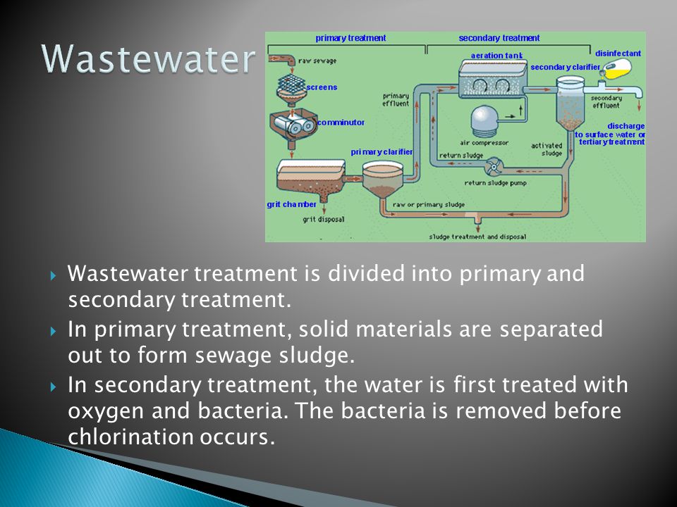  Wastewater treatment is divided into primary and secondary treatment.