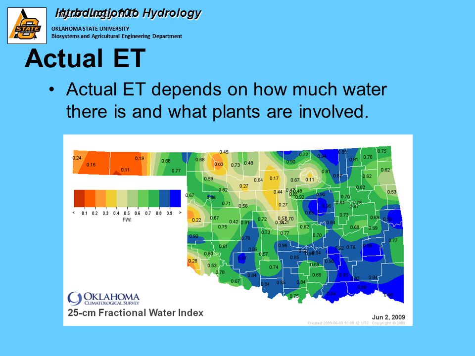 OKLAHOMA STATE UNIVERSITY Biosystems and Agricultural Engineering Department Hydrology 101 Actual ET Actual ET depends on how much water there is and what plants are involved.