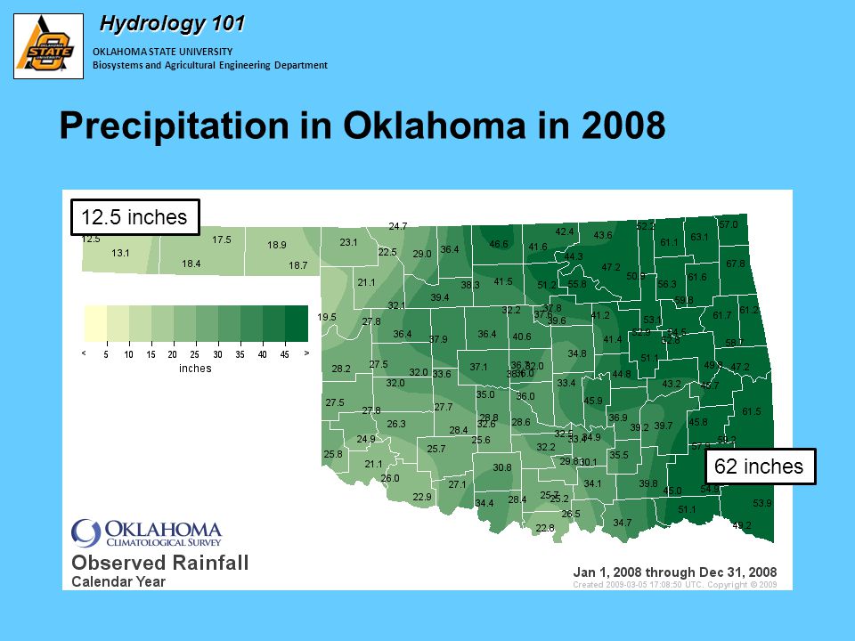 OKLAHOMA STATE UNIVERSITY Biosystems and Agricultural Engineering Department Hydrology 101 Precipitation in Oklahoma in inches 12.5 inches