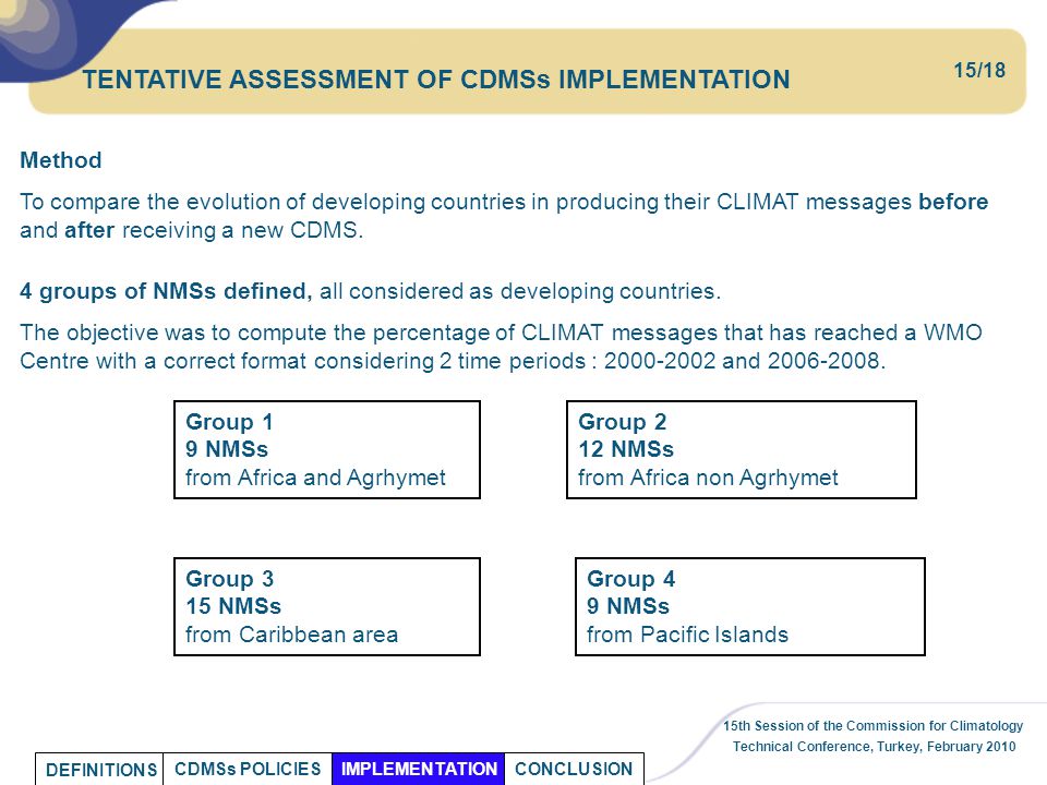 15th Session of the Commission for Climatology Technical Conference, Turkey, February 2010 TENTATIVE ASSESSMENT OF CDMSs IMPLEMENTATION Method To compare the evolution of developing countries in producing their CLIMAT messages before and after receiving a new CDMS.