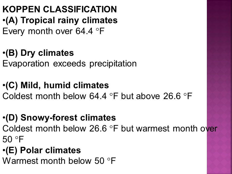 KOPPEN CLASSIFICATION (A) Tropical rainy climates Every month over 64.4 °F (B) Dry climates Evaporation exceeds precipitation (C) Mild, humid climates Coldest month below 64.4 °F but above 26.6 °F (D) Snowy-forest climates Coldest month below 26.6 °F but warmest month over 50 °F (E) Polar climates Warmest month below 50 °F