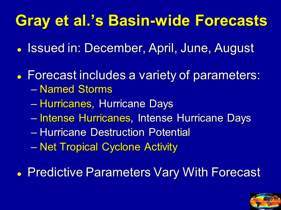 Gray et al.’s Basin-wide Forecasts l Issued in: December, April, June, August l Forecast includes a variety of parameters: –Named Storms –Hurricanes, Hurricane Days –Intense Hurricanes, Intense Hurricane Days –Hurricane Destruction Potential –Net Tropical Cyclone Activity l Predictive Parameters Vary With Forecast