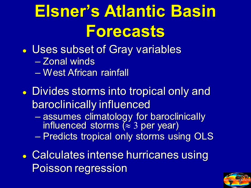 Elsner’s Atlantic Basin Forecasts l Uses subset of Gray variables –Zonal winds –West African rainfall l Divides storms into tropical only and baroclinically influenced –assumes climatology for baroclinically influenced storms (per year) –assumes climatology for baroclinically influenced storms (  per year) –Predicts tropical only storms using OLS l Calculates intense hurricanes using Poisson regression