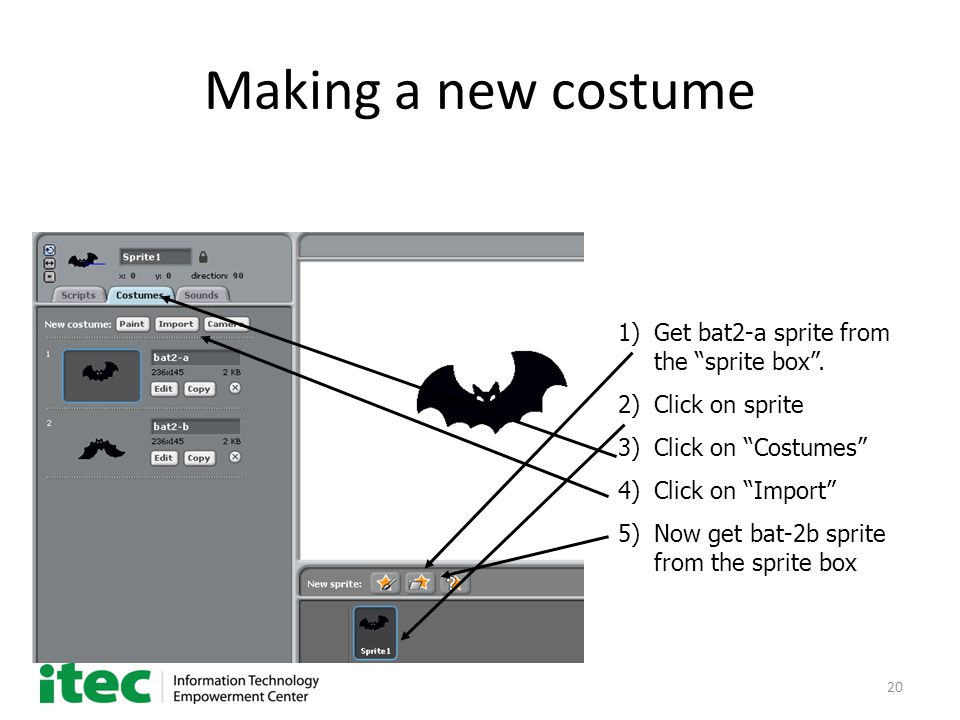 20 Making a new costume 1)Get bat2-a sprite from the sprite box .