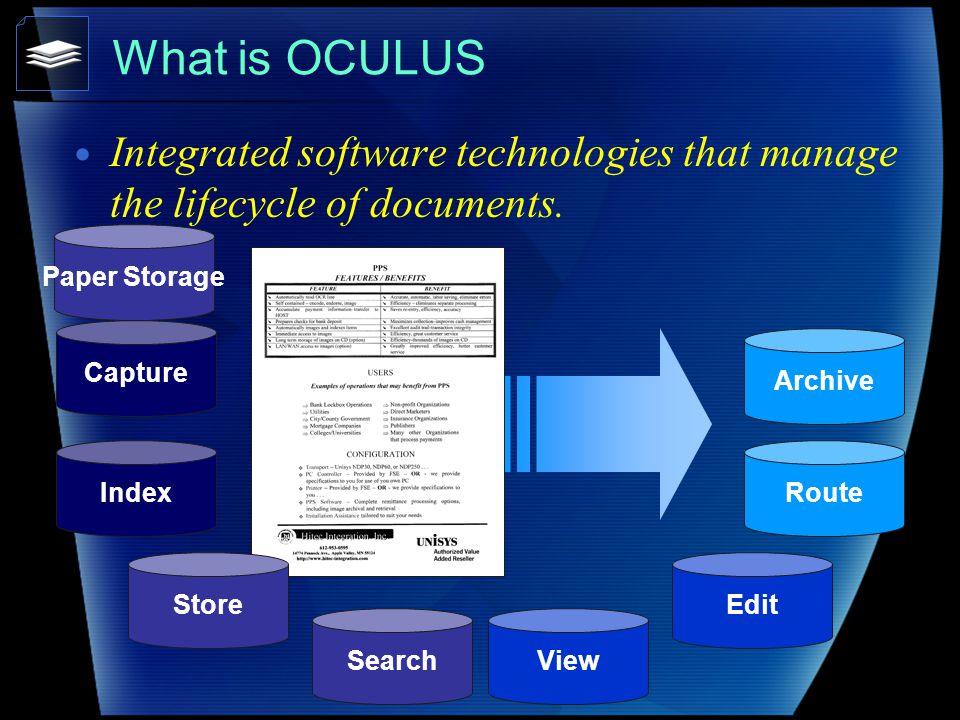 What is OCULUS Integrated software technologies that manage the lifecycle of documents.