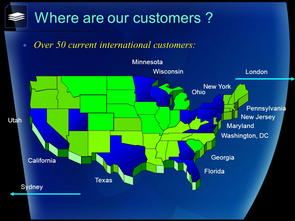 Over 50 current international customers: Sydney London Where are our customers