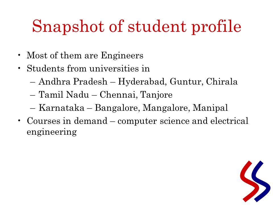 Snapshot of student profile Most of them are Engineers Students from universities in –Andhra Pradesh – Hyderabad, Guntur, Chirala –Tamil Nadu – Chennai, Tanjore –Karnataka – Bangalore, Mangalore, Manipal Courses in demand – computer science and electrical engineering