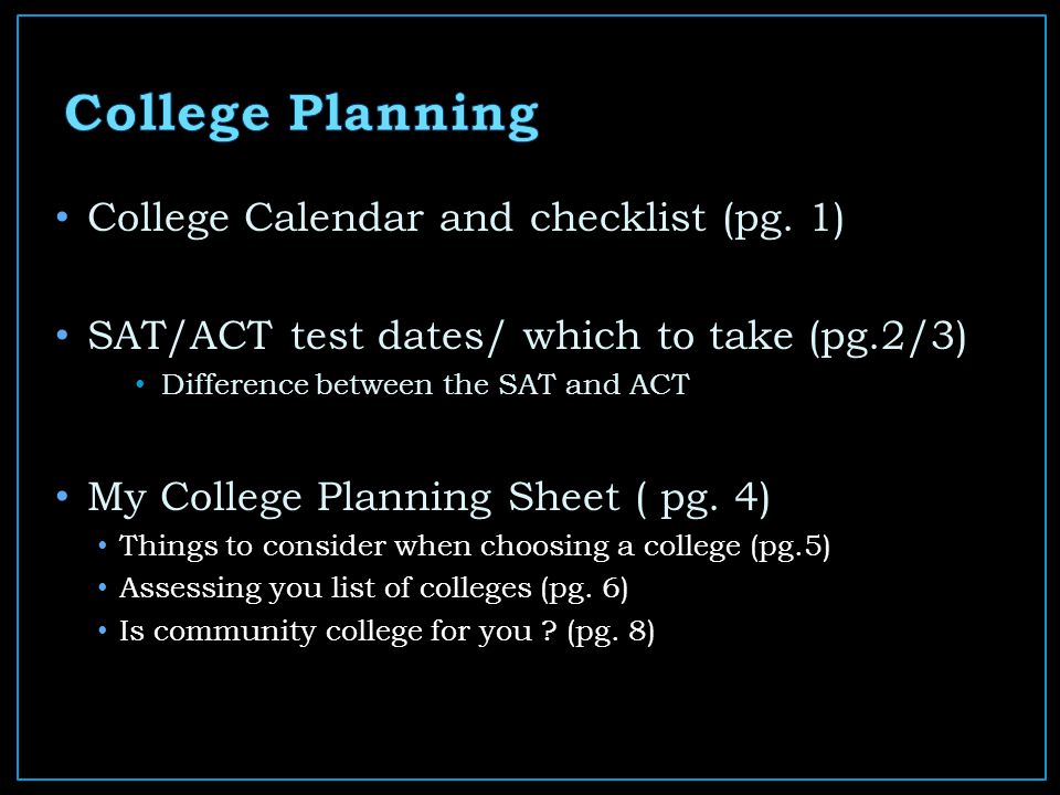 College Calendar and checklist (pg.
