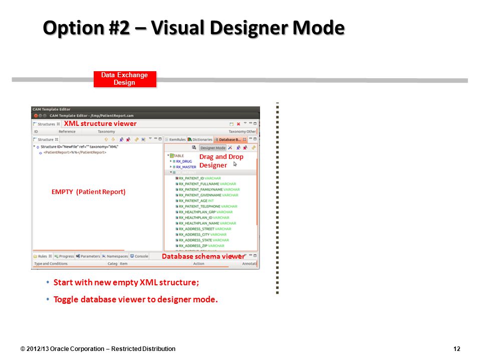 © 2012/13 Oracle Corporation – Restricted Distribution12 Data Exchange Design Option #2 – Visual Designer Mode Start with new empty XML structure; Toggle database viewer to designer mode.