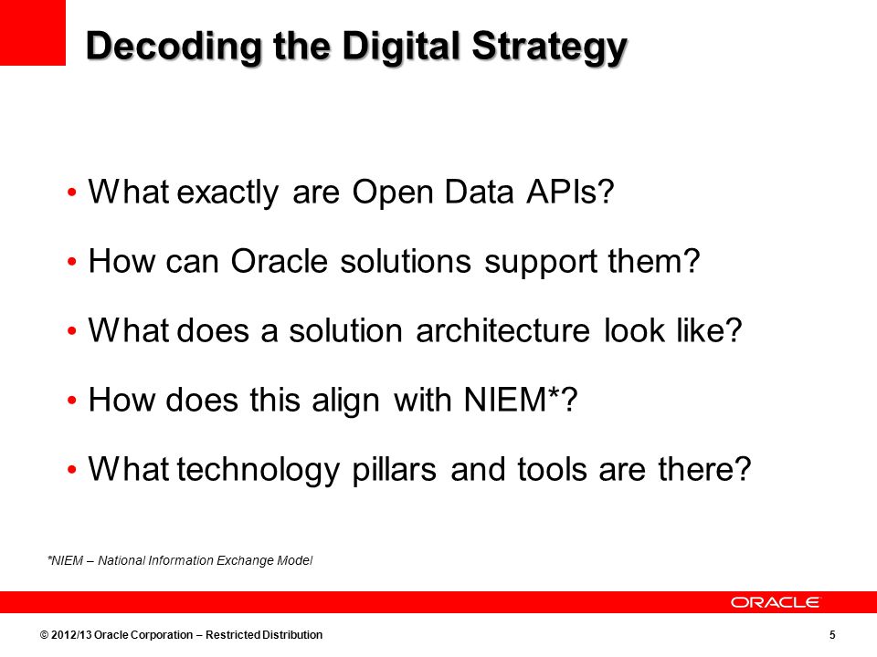 © 2012/13 Oracle Corporation – Restricted Distribution5 Decoding the Digital Strategy What exactly are Open Data APIs.
