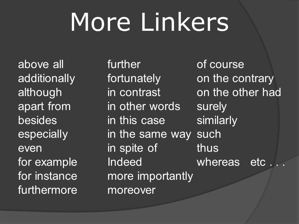 More Linkers above all additionally although apart from besides especially even for example for instance furthermore further fortunately in contrast in other words in this case in the same way in spite of Indeed more importantly moreover of course on the contrary on the other had surely similarly such thus whereas etc...