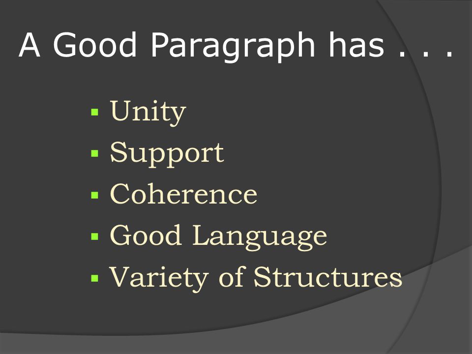 A Good Paragraph has...  Unity  Support  Coherence  Good Language  Variety of Structures