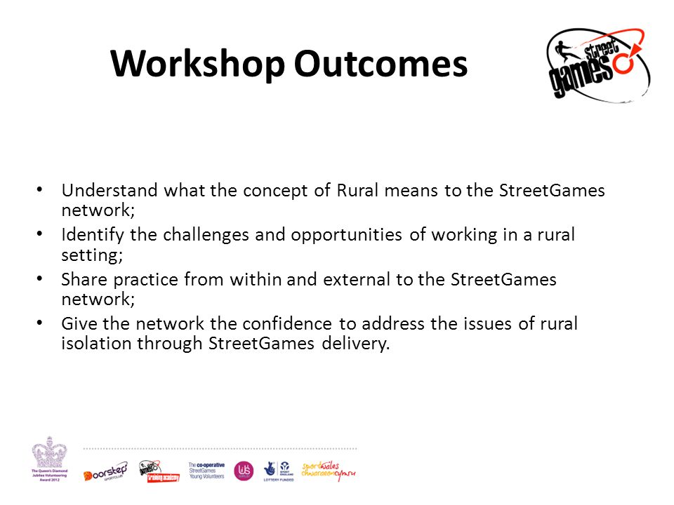 Workshop Outcomes Understand what the concept of Rural means to the StreetGames network; Identify the challenges and opportunities of working in a rural setting; Share practice from within and external to the StreetGames network; Give the network the confidence to address the issues of rural isolation through StreetGames delivery.