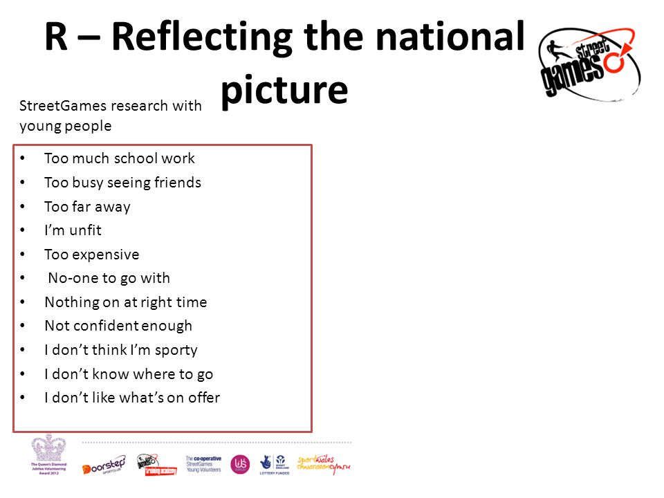 R – Reflecting the national picture Too much school work Too busy seeing friends Too far away I’m unfit Too expensive No-one to go with Nothing on at right time Not confident enough I don’t think I’m sporty I don’t know where to go I don’t like what’s on offer StreetGames research with young people