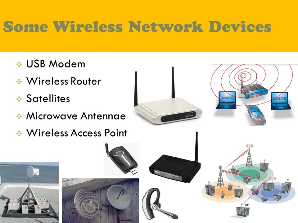 Some Wireless Network Devices  USB Modem  Wireless Router  Satellites  Microwave Antennae  Wireless Access Point