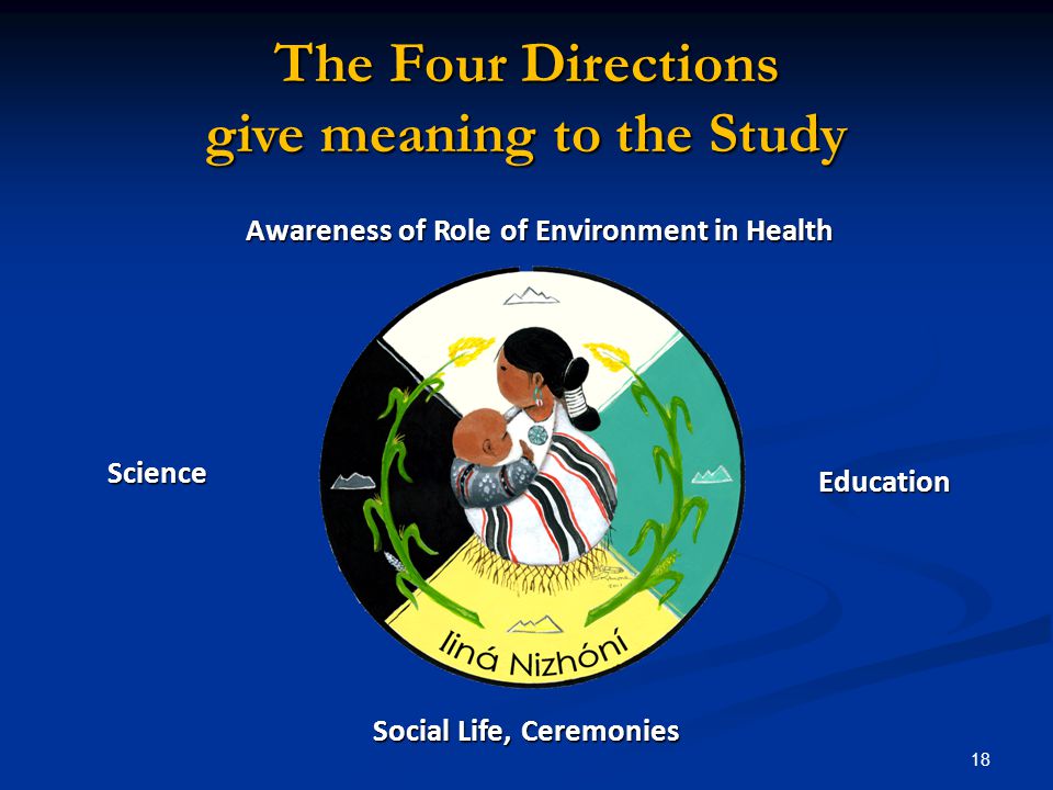 18 Education Social Life, Ceremonies Science Awareness of Role of Environment in Health The Four Directions give meaning to the Study