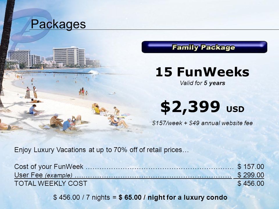 Packages Enjoy Luxury Vacations at up to 70% off of retail prices… Cost of your FunWeek ……………………………………………………….$ User Fee (example) …..……………………………………………………… $ TOTAL WEEKLY COST$ $ / 7 nights = $ / night for a luxury condo 15 FunWeeks Valid for 5 years $2,399 USD $157/week + $49 annual website fee